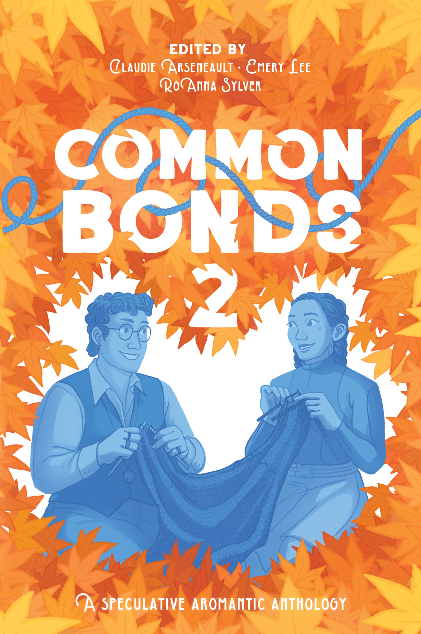 Two friends in shades of blue sit together knitting a sweater. They are framed by orange leaves. The title Common Bonds 2 is in bold white letters