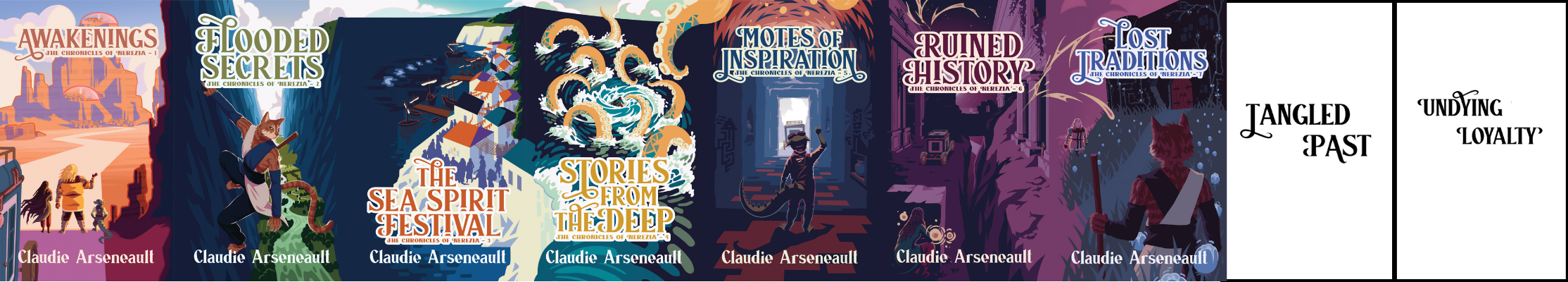 A spread of seven cover images that form one continuous canvas. The scenery goes from a red-sand desert (Awakenings) to a lush river valley (Flooded Secret), to a sea-side city (The Sea Spirit Festival), to a whirlpool in the water surrounded by a golden kraken (Stories from the Deep), to a beautifully carved stone corridor with etchings on the wall (Motes of Inspiration), to ruins of stone bathed in deep pink moonlight (Ruined History), and finally to a grey marsh with an abandoned monastery covered in blue flowers (Lost Traditions). There are two rectangles left for the two other novellas