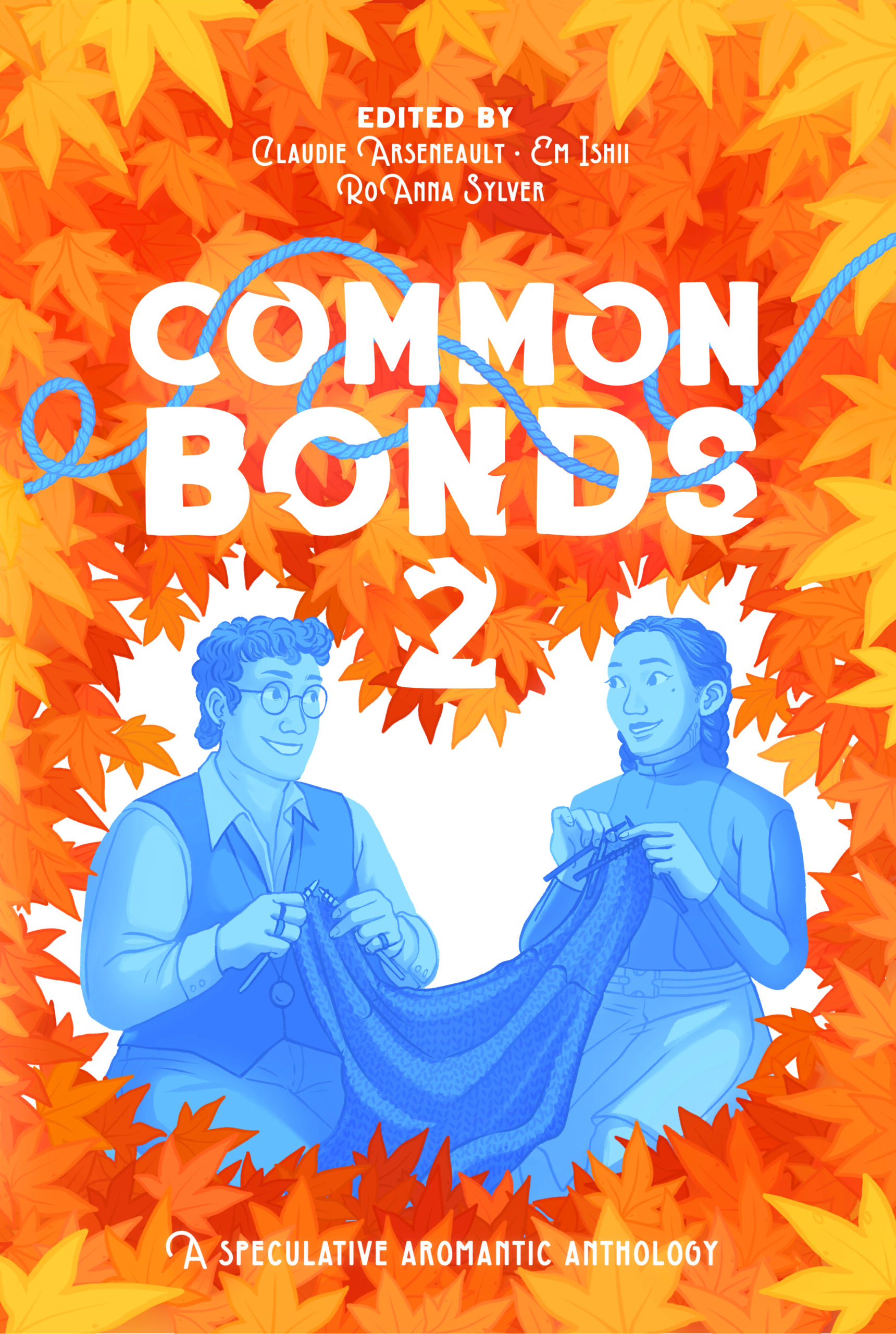 Two friends in shades of blue sit together knitting a sweater. They are framed by orange leaves. The title Common Bonds 2 is in bold white letters